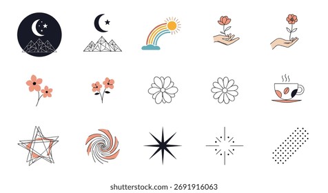 A collection of abstract and natural illustrations with celestial and floral motifs.