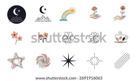 A collection of abstract and natural illustrations with celestial and floral motifs.