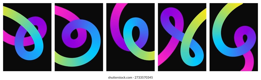 Sammlung abstrakter 3D-Rohrkurven mit Neongradient auf schwarzem Hintergrund