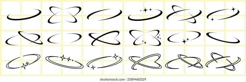 Collection of abstract orbit designs. Orbits with stars, abstract lines, and circular shapes. Black orbit patterns on a yellow grid. Orbit and abstract themes. Creative elements, vector set.