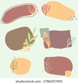 A collection of abstract organic forms and line-drawn plant elements arranged across a pale green background. Includes curved blobs in earthy tones, delicate leaves, and slender stems for a