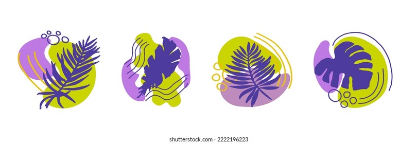 Collection of abstract organic shapes with silhouette tropical plants. Minimal art design. Foliage drawing with fluid geometric forms and lines. horizontal composition