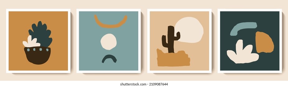 Collection of abstract organic shapes wall art posters. Cute hand drawn illustrations for card, social media post, wallpaper. Vector minimalist style design