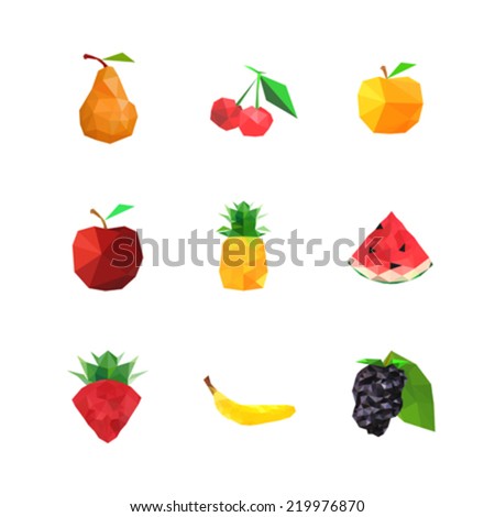 Collection of abstract origami fruits, isolated on white background