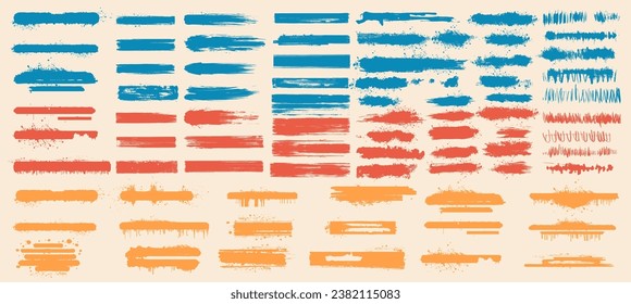 Colección de pinturas abstractas y texturas gruesas en azul, rojo y naranja para elementos de diseño. Pincel, líneas, elemento de diseño pintado a mano. Ilustración aislada del vector