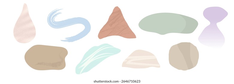 Coleção de elementos vetoriais pastel abstratos. Inclui formas orgânicas e geométricas suaves em estilo minimalista plano. Perfeito para fundos, modelos, gráficos da Web e projetos criativos. Vetor