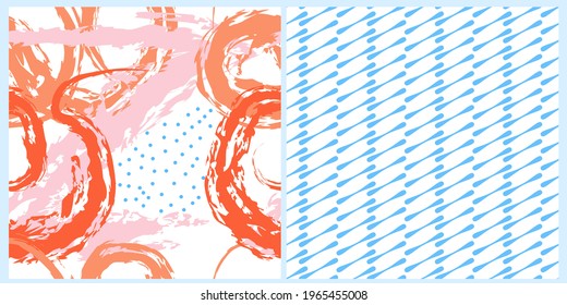 Eine Sammlung abstrakter Muster in einer Farbpalette, Orange, Rosa und Blau. Helle Sommerfarben. 