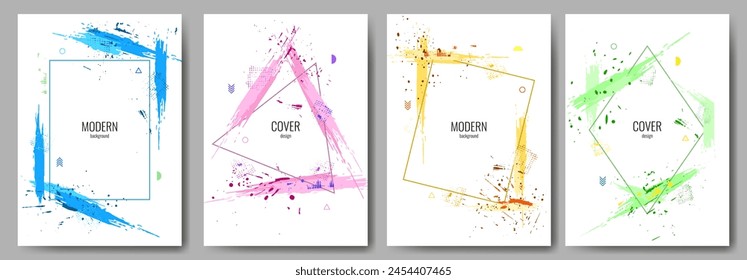 Collection of abstract photo frames. Geometric shapes, dynamic ink brushstrokes. Hand drawn set of frames. Vector grunge overlay. Bright colors. Poster, gift card, book cover design. Place for text.