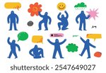 A collection of abstract playful characters, in various poses, surrounded by colorful speech bubbles and abstract figures.