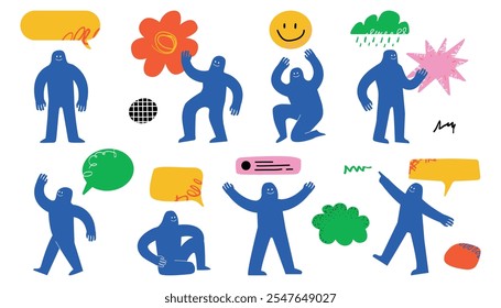 A collection of abstract playful characters, in various poses, surrounded by colorful speech bubbles and abstract figures.