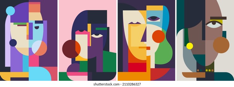 Collection of abstract portraits. Poster designs in flat style.