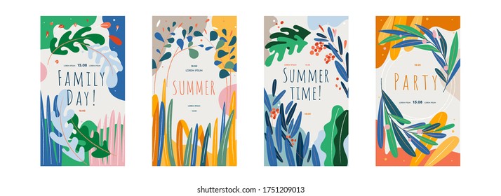 Collection of abstract poster designs. Summer party, Family Day, Summer Time. Bright Colors abstract flowers natural shapes and geometric elements. Perfect template for posters, invitations, flyers.