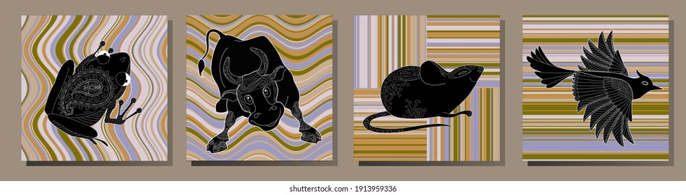 Sammlung abstrakter Poster mit Tieren. Set von modernen skandinavischen Druckvorlagen für Ingwer Kunst. Tiere mit Blumendesigns und geometrischen Formen im Hintergrund.