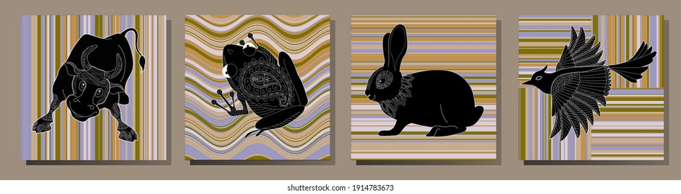 Collection of abstract posters with animals. Set of modern scandinavian art print templates. Animal ink with floral designs and geometric shapes in the background.
