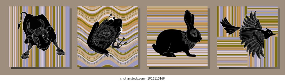 Sammlung abstrakter Poster mit Tieren. Set von modernen skandinavischen Kunstdruckvorlagen. Tierfarbe mit floralen Designs und geometrischen Formen im Hintergrund.