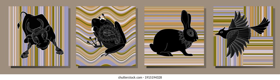 Collection of abstract posters with animals. Set of modern scandinavian art print templates. Animal ink with floral designs and geometric shapes in the background.