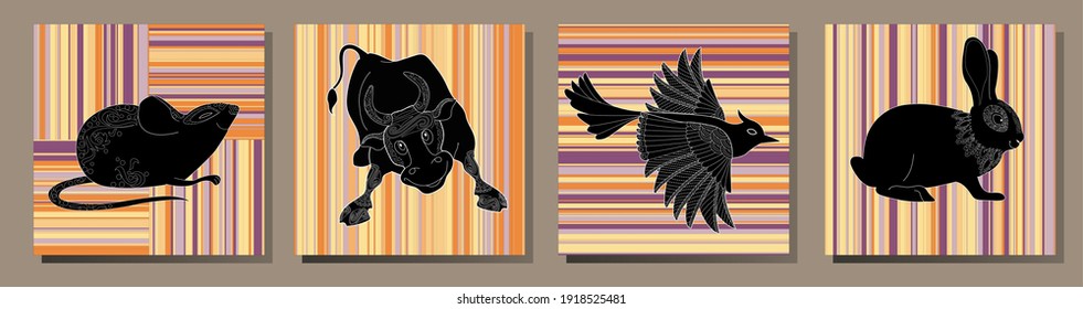 Collection of abstract posters with animals. Set of modern scandinavian art print templates. Animal ink with floral designs and geometric shapes in the background. 