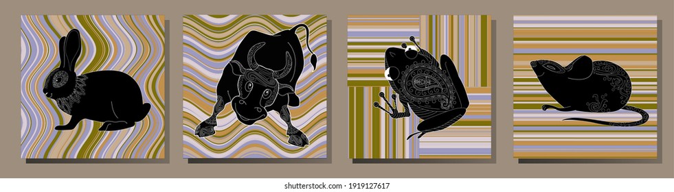 Collection of abstract posters with animals. Set of modern scandinavian art print templates. Animal ink with floral designs and geometric shapes in the background. 