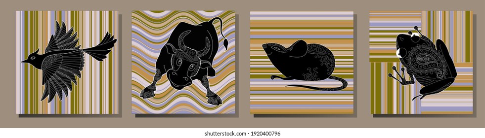 Collection of abstract posters with animals. Set of modern scandinavian art print templates. Animal ink with floral designs and geometric shapes in the background. 