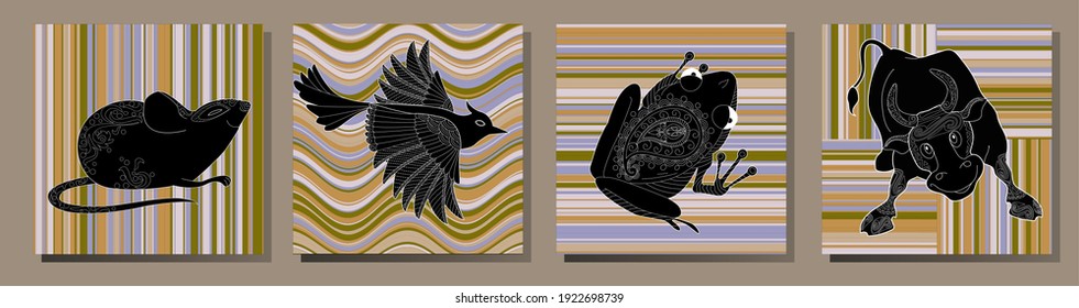Collection of abstract posters with animals. Set of modern scandinavian art print templates. Animal ink with floral designs and geometric shapes in the background. 