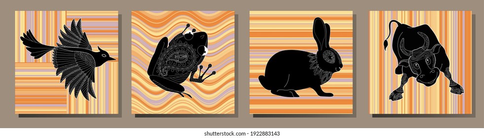 Collection of abstract posters with animals. Set of modern scandinavian art print templates. Animal ink with floral designs and geometric shapes in the background. 