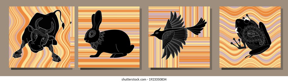 Collection of abstract posters with animals. Set of modern scandinavian art print templates. Animal ink with floral designs and geometric shapes in the background. 