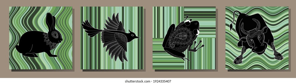 Collection of abstract posters with animals. Set of modern scandinavian art print templates. Animal ink with floral designs and geometric shapes in the background. 