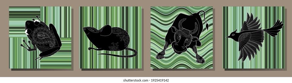 Collection of abstract posters with animals. Set of modern scandinavian art print templates. Animal ink with floral designs and geometric shapes in the background. 