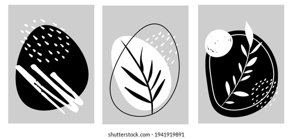 Collection of abstract posters, in black and white colors. On a gray background.