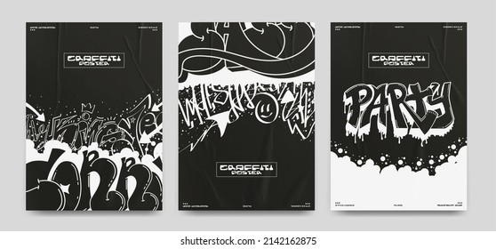 Collection of abstract posters with elements of street graffiti. Vandalistic spray painting on the walls, street art with splatters and drips. Isolated on black background