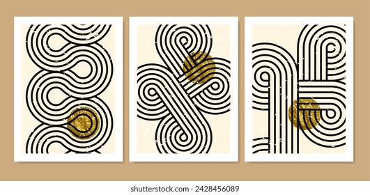 Sammlung von abstrakten Plakaten mit geometrischen Linien, Formen und Texturen. Vektorgrafik.