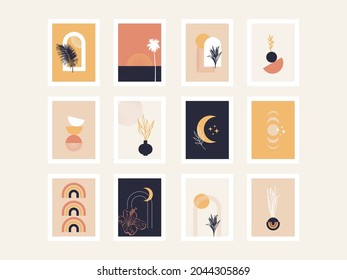 Collection of abstract posters with geometric shapes and tropical hand-drawn elements. Boho-style backgrounds. Modern simple design.