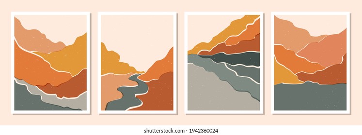 Colección de afiches abstractos que representan la naturaleza - montañas y ríos. Diseño de vector abstracto para la decoración del hogar