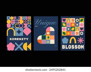 Collection of abstract posters with simple figures on isolated background. Simple figures, bright colors, beautiful fonts