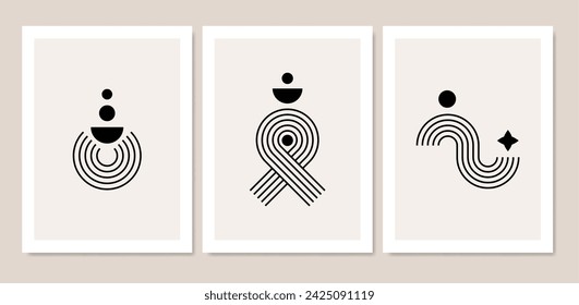 A collection of abstract posters with simple geometric lines and shapes. Home decoration. Vector illustration.