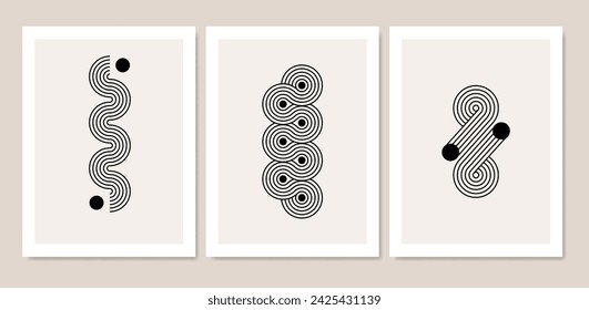 A collection of abstract posters with simple geometric lines and shapes. Home decoration. Vector illustration.
