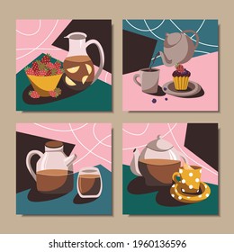 Collection of abstract posters with still life. Vector illustration.