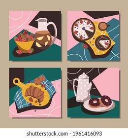 Collection of abstract posters. Posters with still lifes. Baking, tea, coffee. Modern Art. Vector illustration.