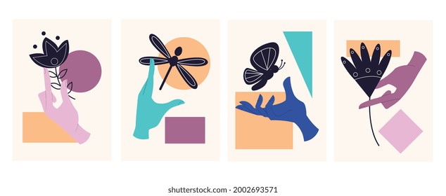 Collection of abstract posters. Women's hands hold flowers and touch the silhouettes of dragonflies and butterflies. Abstract patterns and bright geometric shapes. Flat vector set for wall decoration