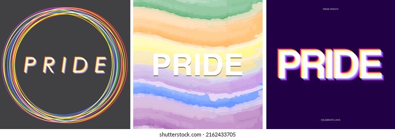 Collection of abstract pride posters. Rainbow flag colors. For LGBTQ Pride month and inclusivity. For Design elements, poster, cards, social media, banner, web. Vector Illustration. Watercolor rainbow