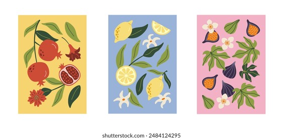 Colección de estampados abstractos de arte contemporáneo. Frutas dibujadas a mano en verano. Granadas, limón e higo. Diseño moderno para carteles, tarjetas, estampados.