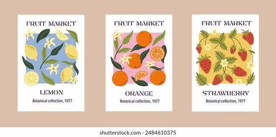 Collection of abstract prints contemporary art. Summer hand drawn fruits. Strawberry, lemon and orange. Modern design for posters, cards, prints.