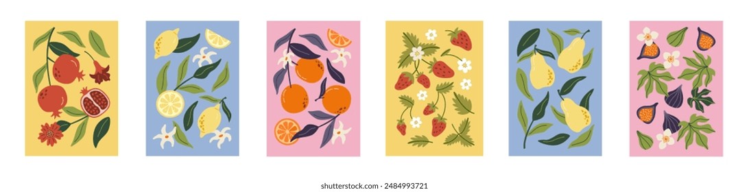 Colección de estampados abstractos de arte contemporáneo. Frutas dibujadas a mano en verano. Granada, naranja, pera, fresa, limón e higo. Diseño moderno para carteles, tarjetas, estampados.