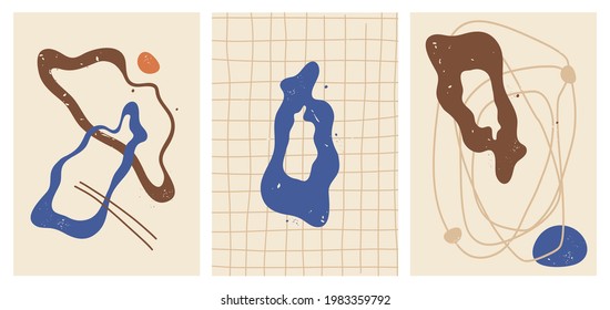 Collection abstract Prints. Posters with surreal shapes for the interior. Line, point, shape on a plane. Psychology, cosmetology, art. Posters with earth color and blue for the interior