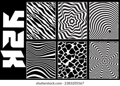 Collection abstract rave psychedelic set in trendy y2k style. Retro futuristic shapes, wireframe and perspective grids.