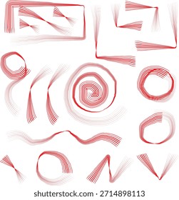 Collection of abstract red brush stroke shapes and flowing lines creating dynamic artistic elements