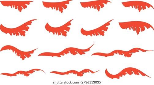 A collection of abstract red ink brush stroke elements, featuring swirls, curves, and energetic lines. These decorative vector graphics can be used to add artistic flair to various design projects.