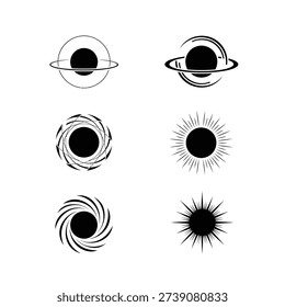 Collection of abstract representations of planets, black holes, and suns, rendered in a minimalist black and white style.
