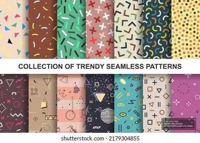 Collection of abstract retro seamless geometric patterns. Colorful vector trendy vintage backgrounds - mosaic textures. Fashion style 80 - 90s. You can find repeatable design in swatches panel.