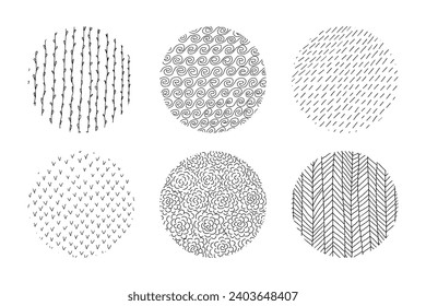 Collection of abstract round ink textures or backgrounds. Hand drawn isolated sketchy waves, lines, scribbles, semicircles. Contemporary trendy illustration or icon templates